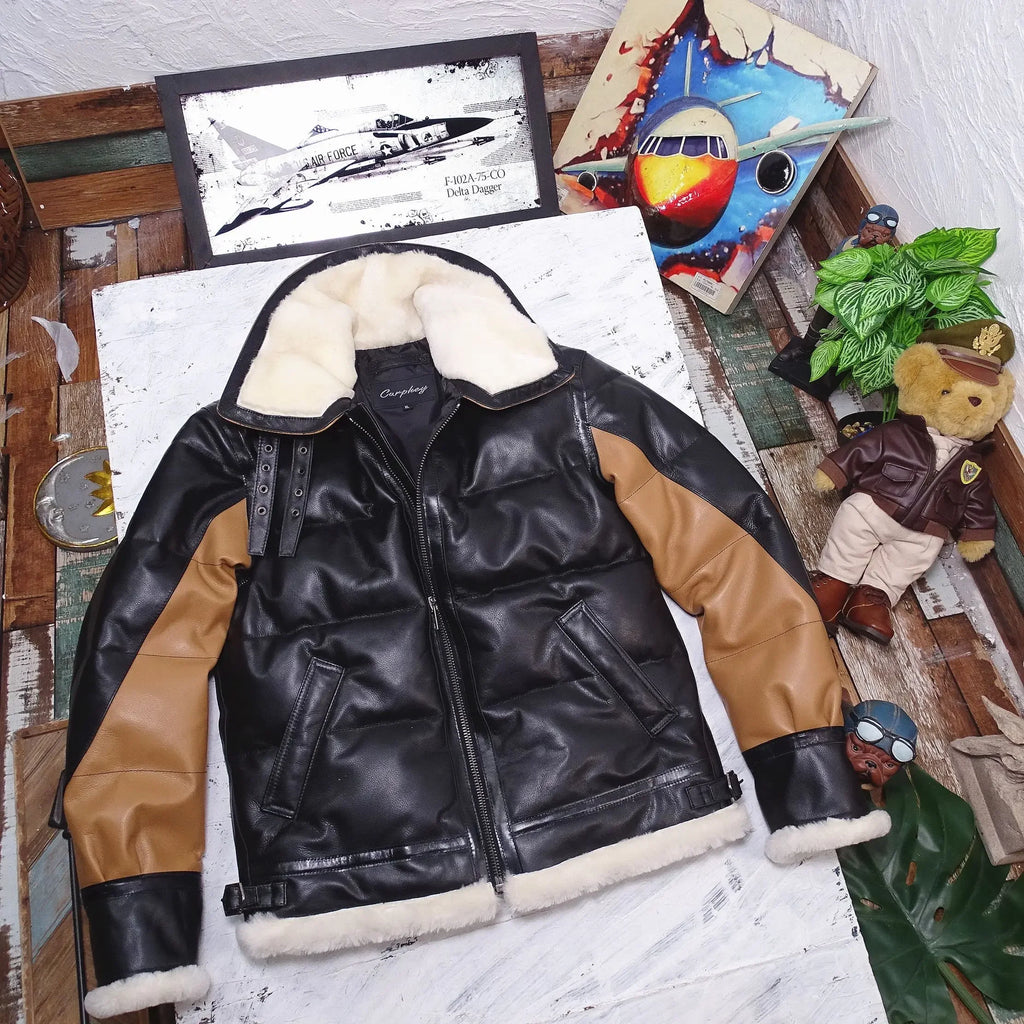 2024 Men's Winter Fashion Duck Down Coat Genuine Leather Sheepskin Cow Jacket for Male Brown Black Patchwork Plus Oversized 4XL