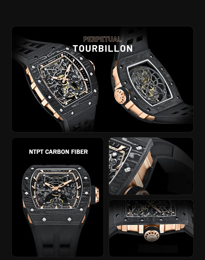 CRONUSART Men Tourbillon Watch 50mm Tonneau Mechanical Wristwatch Carbon Fiber Case & Dial Luminous Sapphire Mirror