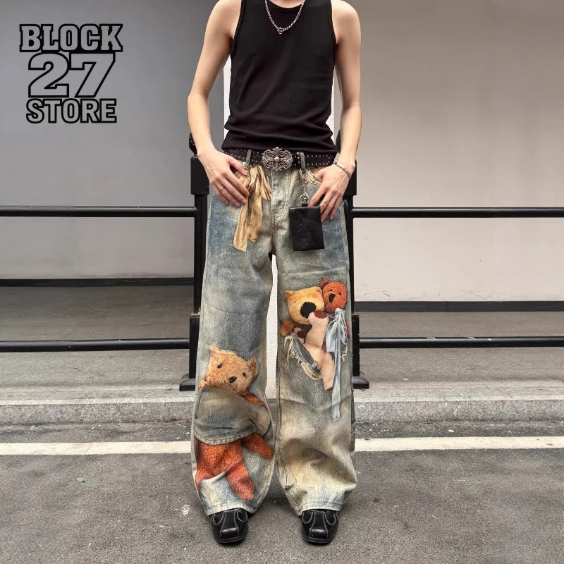 American Retro Vintage Washed Teddy Bear Graphic Printed Jeans Unisex Baggy Straight Y2K Streetwear Wide Leg Trousers Harajuku