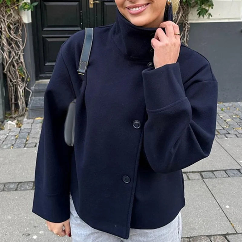 Urban Black Woolen Blend Coats Women Stand Collar Single-breasted Long Sleeve Thick Warm Jacket 2025 Autumn Winter Lady Outwear