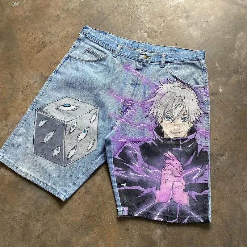 Retro American Trendy Streetwear Y2K Harajuku Anime Printed Denim Shorts Men Gothic Hip-hop Punk Loose Casual Straight Pants
