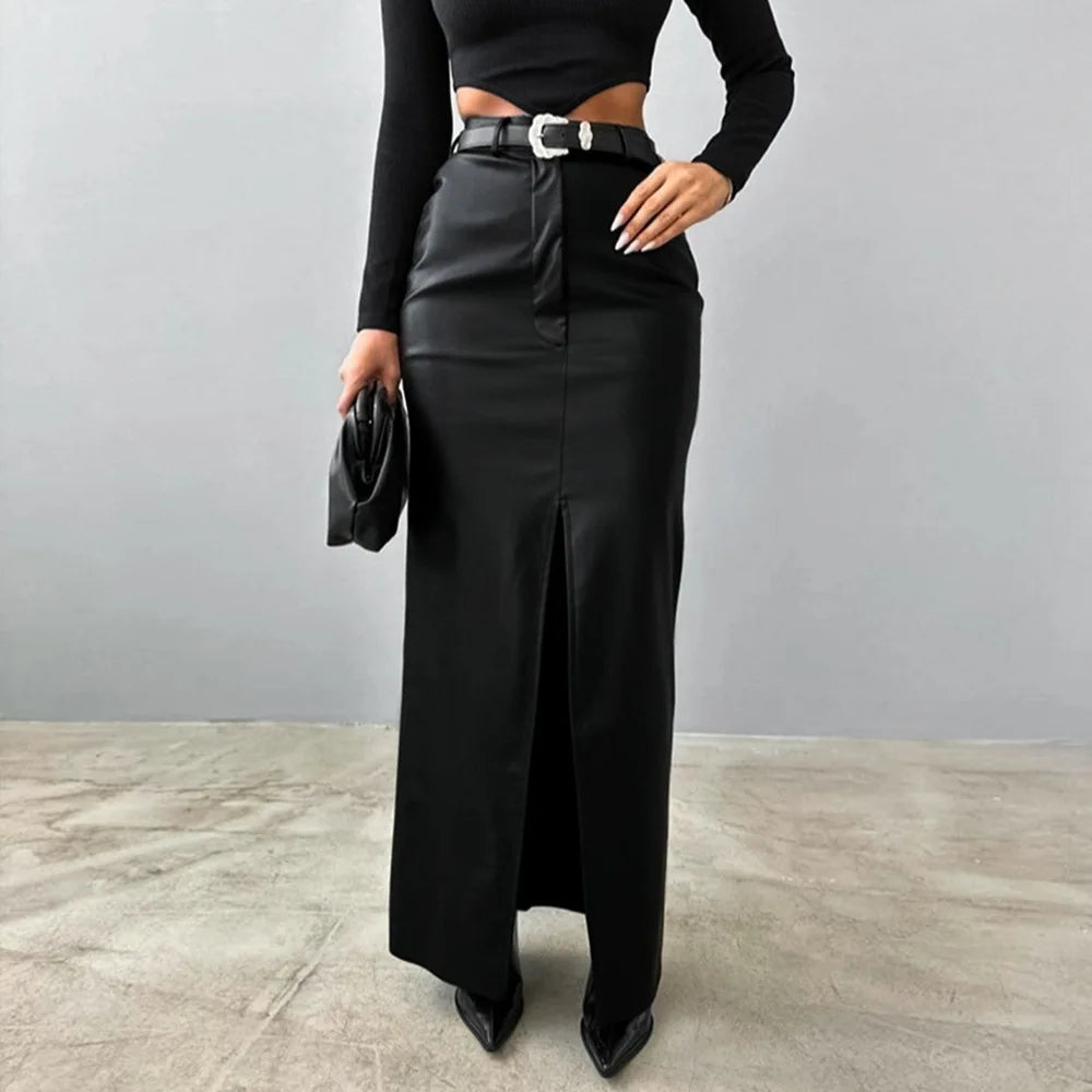 Women's Split Design Solid Color High Waist Pu Leather Skirt 2026 Spring Fall Office Lady Trendy Streetwear Long Skirts