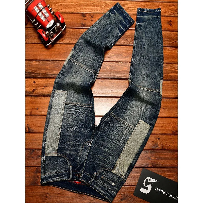Fashionable high-end jeans for men, slim fit, small feet, washed retro patchwork design, trendy and luxurious men's pants