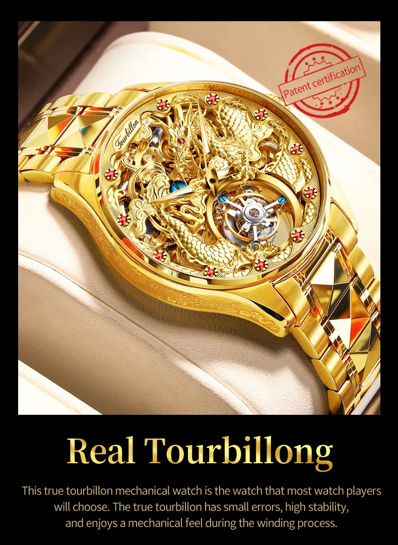 100% Golden Dragon OUPINKE 3176 True Tourbillon Watch Brand Luxury Tungsten Steel Men Automatic Mechanical Watch Reloj Hombre