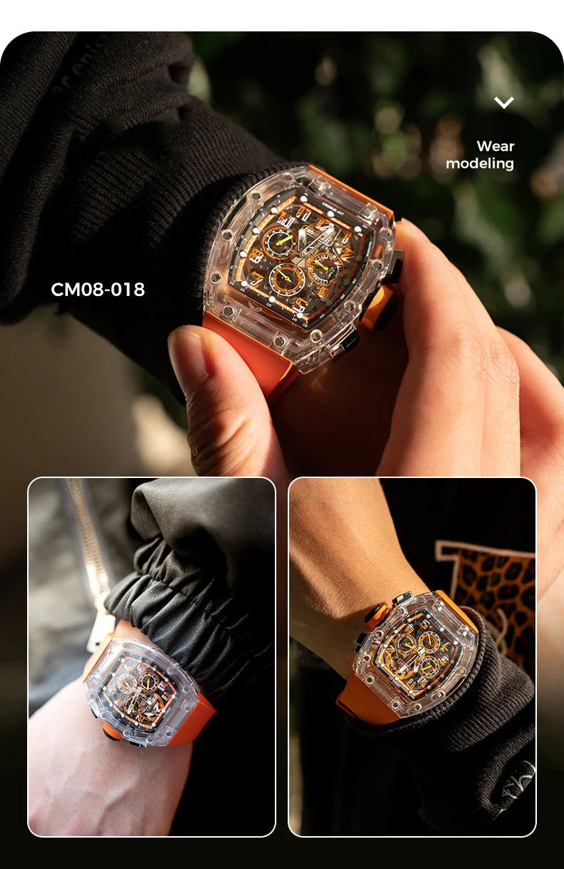 CRONUSART Men Chronograph Watch Tonneau Mechanical Wristwatch Sapphire Case & Mirror Luminous FKM Strap Skeleton Dial