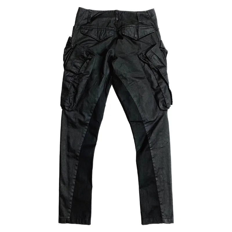 Dark Multi Pockets Function Cargo Pants Slim Fit Elastic Casual Joggers Trousers Men