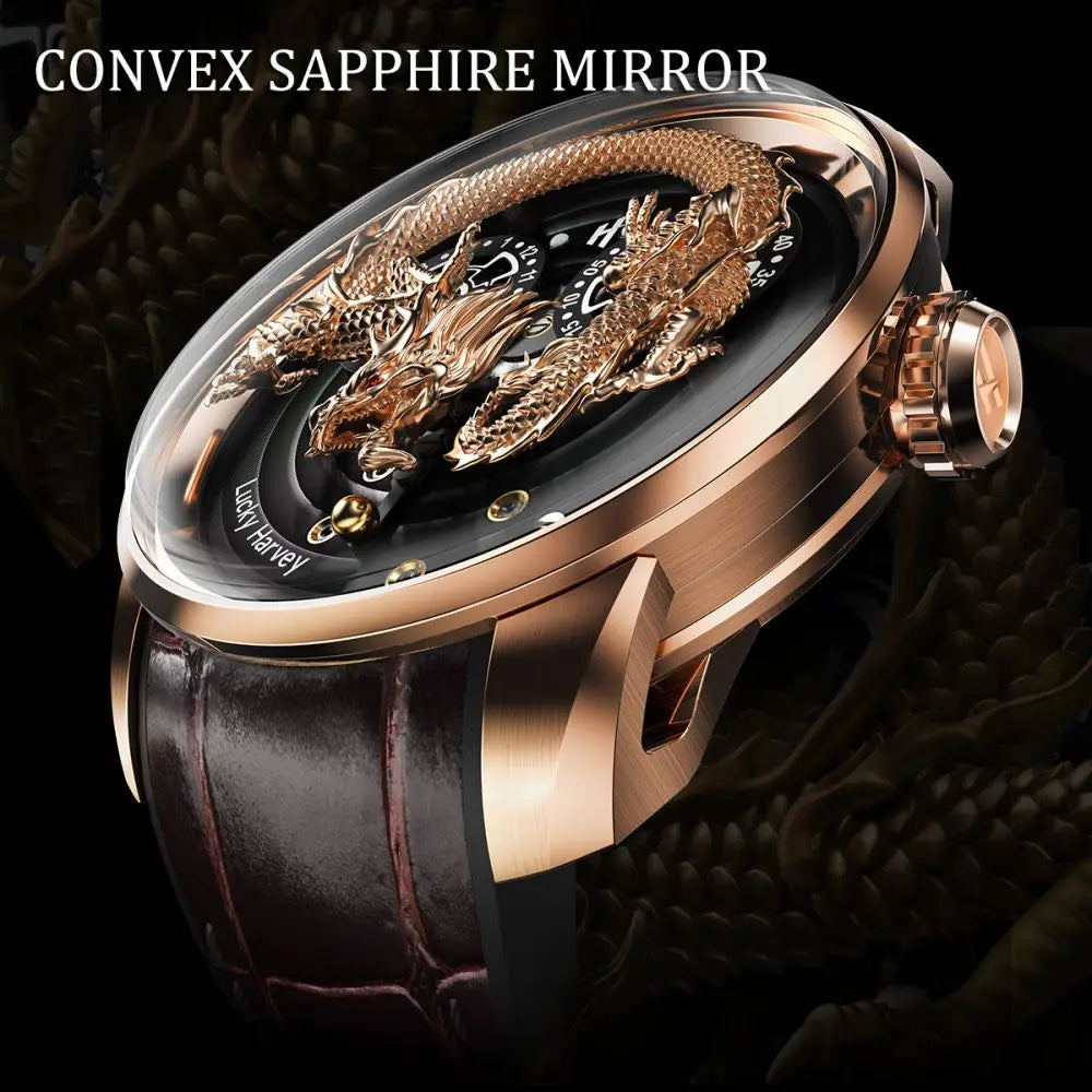 Lucky Harvey Automatic mechanical movement watches for men Synthetic sapphire 3D  Engraving Chinese dragon dial waterproof watch