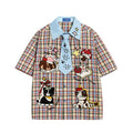 Cartoon Embroidery Short Sleeve Checked Shirt Mens Summer Retro Casual Spliced Lapel Single Breasted Half-Sleeve Plaid Shirts