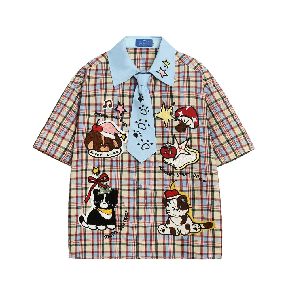 Cartoon Embroidery Short Sleeve Checked Shirt Mens Summer Retro Casual Spliced Lapel Single Breasted Half-Sleeve Plaid Shirts