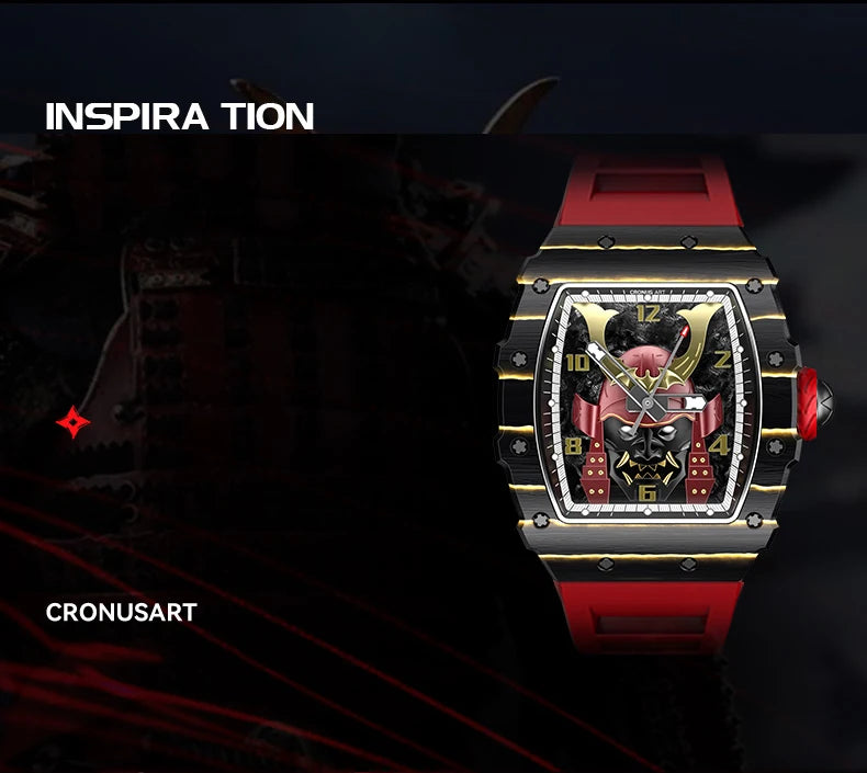 CRONUSART Men Automatic Watch Luxury Mechanical Wristwatch NTPT Carbon Fibre Tonneau Case Luminous Fluororubber Strap Skeleton