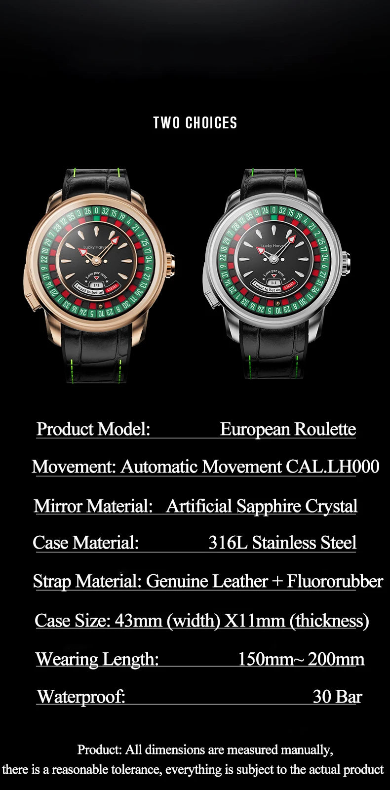 Lucky Harvey Player Series Mechanical Watches for Men European Roulette Game Dial Automatic Movement Funny Design Party Watch