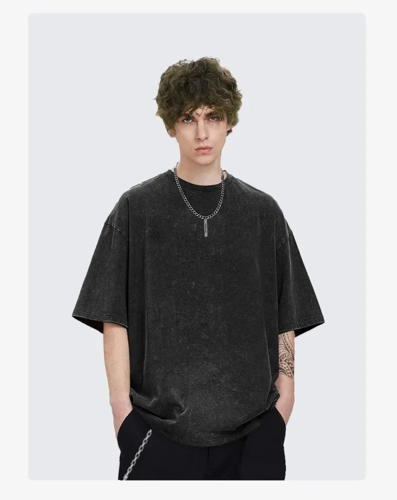 2025 American retro washed old heavy cotton solid color short-sleeved Tshirt summer loose top tide washed T-shirt VLONE Hip Hop