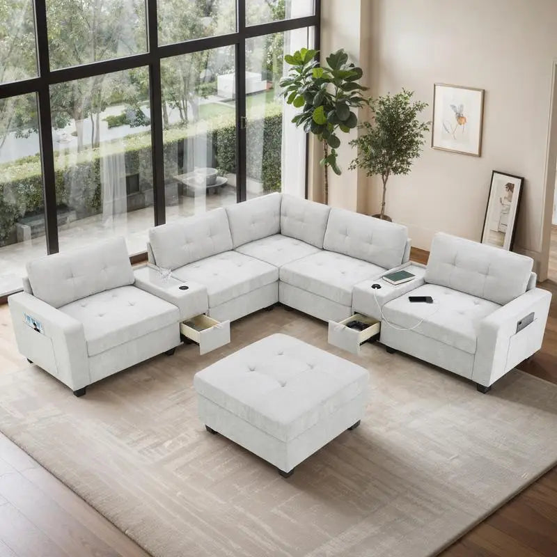 104" Sectional Sofa with Acrylic Tabletop, Chenille U-Shaped Couch Set, 2 Consoles, USB Charger, Storage Drawers, Pockets,