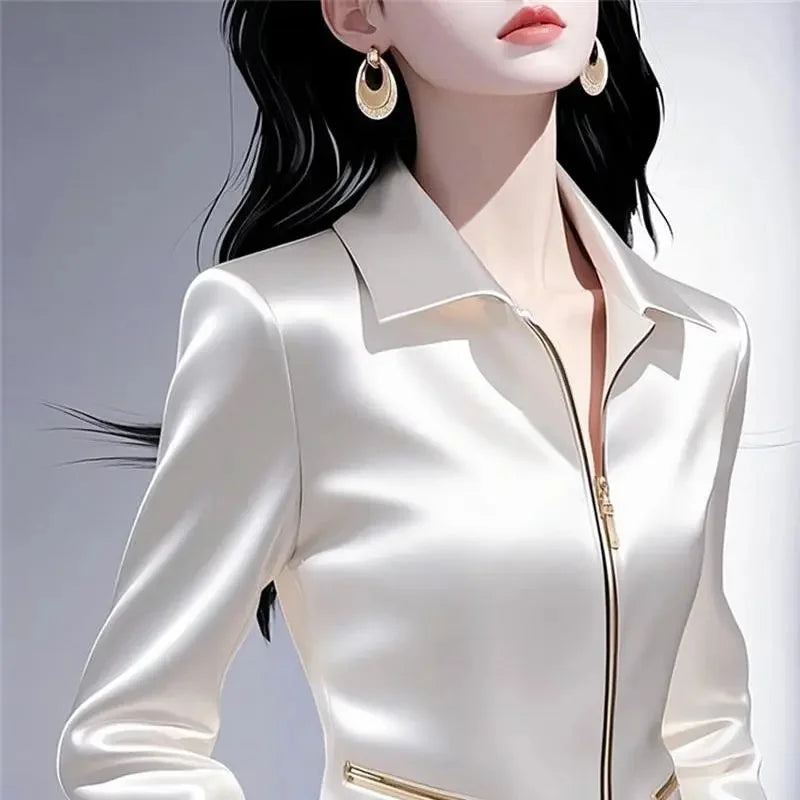 Contrast Satin Jacket Women's 2025 Early Spring Summer New Shirt Female High Quality Western-Style Waist Coat Zipper Tops Ladies