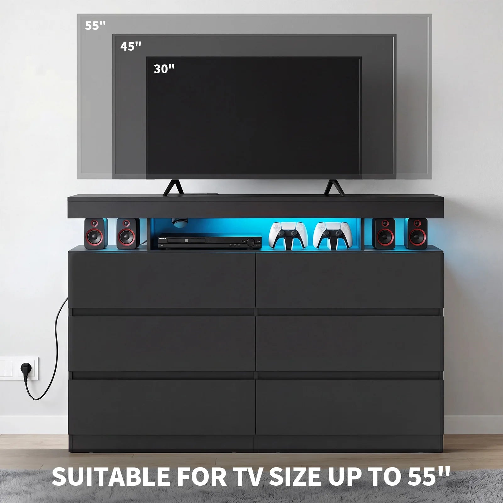 6-Drawer Dresser with Power Outlet with LED Light, Modern Chest of Drawers for Closet, Drawer Organizer Cabinet for Bedroom