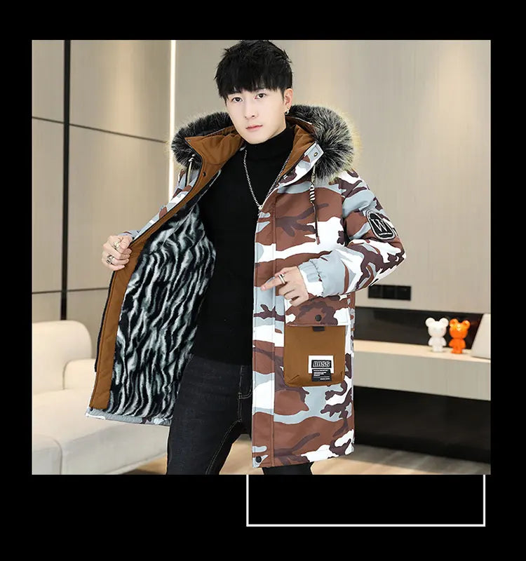 Fashion Mid-Length Camouflage Warm Parkas Winter Men's High Street Wear Windproof Hooded Plush Jackets Outdoor Thick Fleece Coat