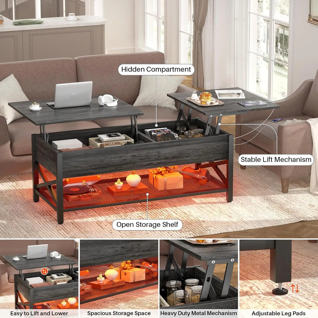 Lift Top Coffee Center Table with LED Light and Power Outlet, Modern Table with Storage Shelf for Living Room, Lift Tabletop, X