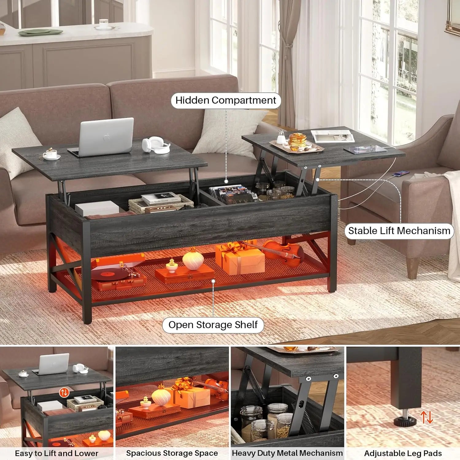 Lift Top Coffee Center Table with LED Light and Power Outlet, Modern Table with Storage Shelf for Living Room, Lift Tabletop, X