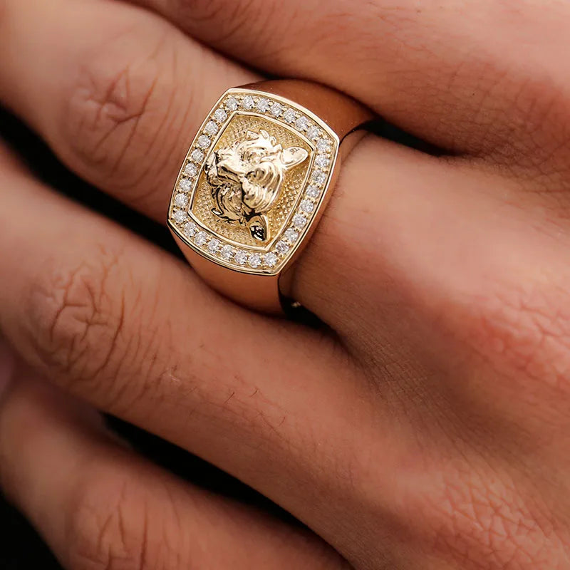 Provence Men's Tiger Head Ring 14k gold Signet Animal Ring  Statement Ring Tiger DEF/VS Lab diamond Father's Day Gifts Custom