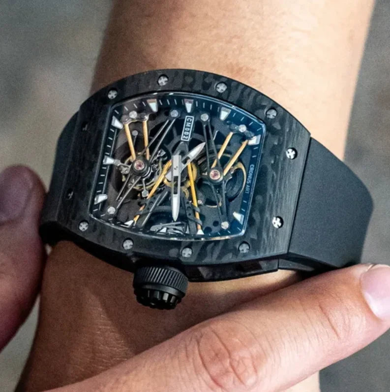 CRONUSART Men Tourbillon Watch Tonneau 50mm Mechanical Wristwatch Carbon Fiber Luminous Skeleton Dial Sapphire Mirror