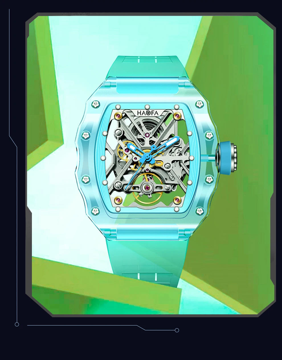 Haofa Crystal Case Automatic Man Watch 72H Power Model Skeleton Dial Self Wind Mechanical Movement Wristwatch Luxury 2203