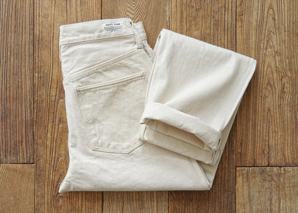 Sauce Zhan Mens Jeans Selvedge Denim White Jeans Regular Fit hight rise  14 Oz One Wash