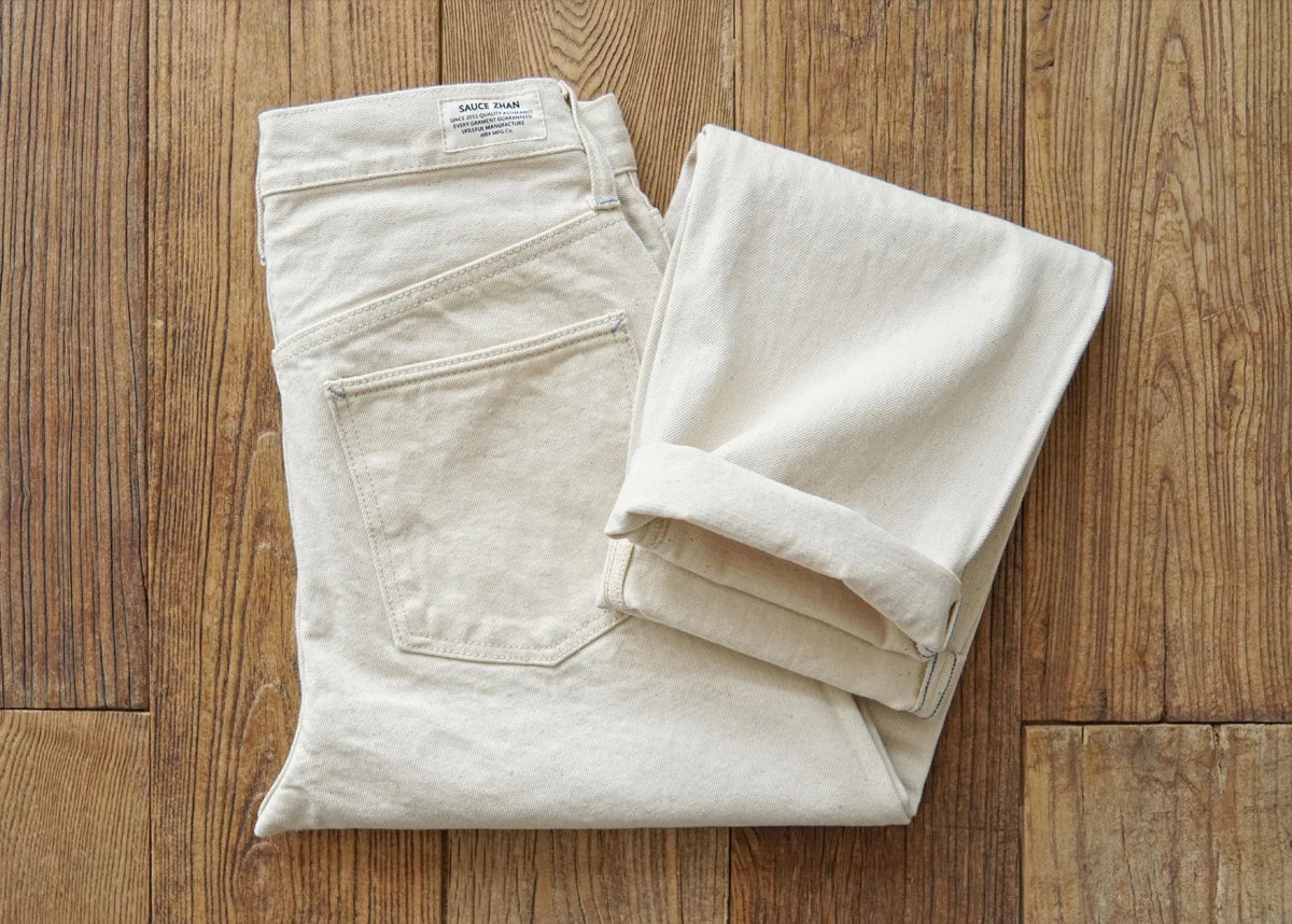 Sauce Zhan Mens Jeans Selvedge Denim White Jeans Regular Fit hight rise  14 Oz One Wash