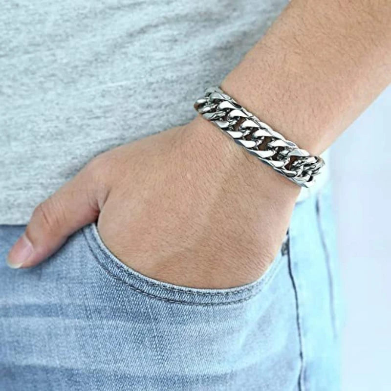 HNSP Stainless Steel LA Cuban Link Chain Silver Color Necklace For Men Jewelry 8/10/12/14MM Width Hip Hop Punk Accessories