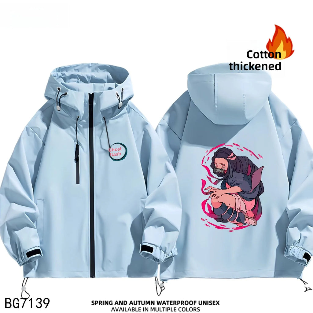 Ruike Men's Thiened Cotton Hooded Jaet Casual Outdoor Waterproof Spring Autumn Winter Anime Ghost Slayer Coat Jaet
