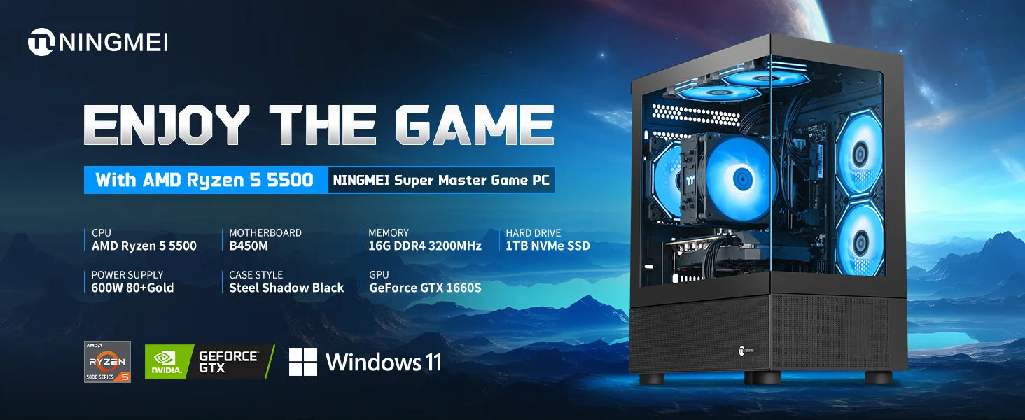 Ningmei Lumishore Gaming PC AMD Ryzen 5 5500 NVIDIA GTX 1660 Super 16GB RAM 1TB SSD Windows 11 Wifi PC Gaming