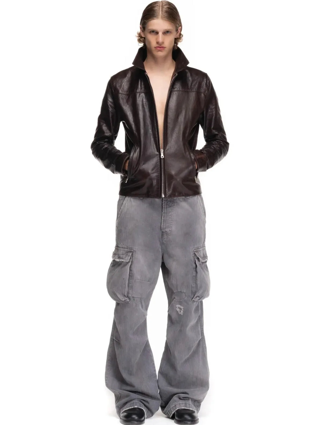 No faith studios herringbone twill grey ripped patch paint multi-pocket overalls