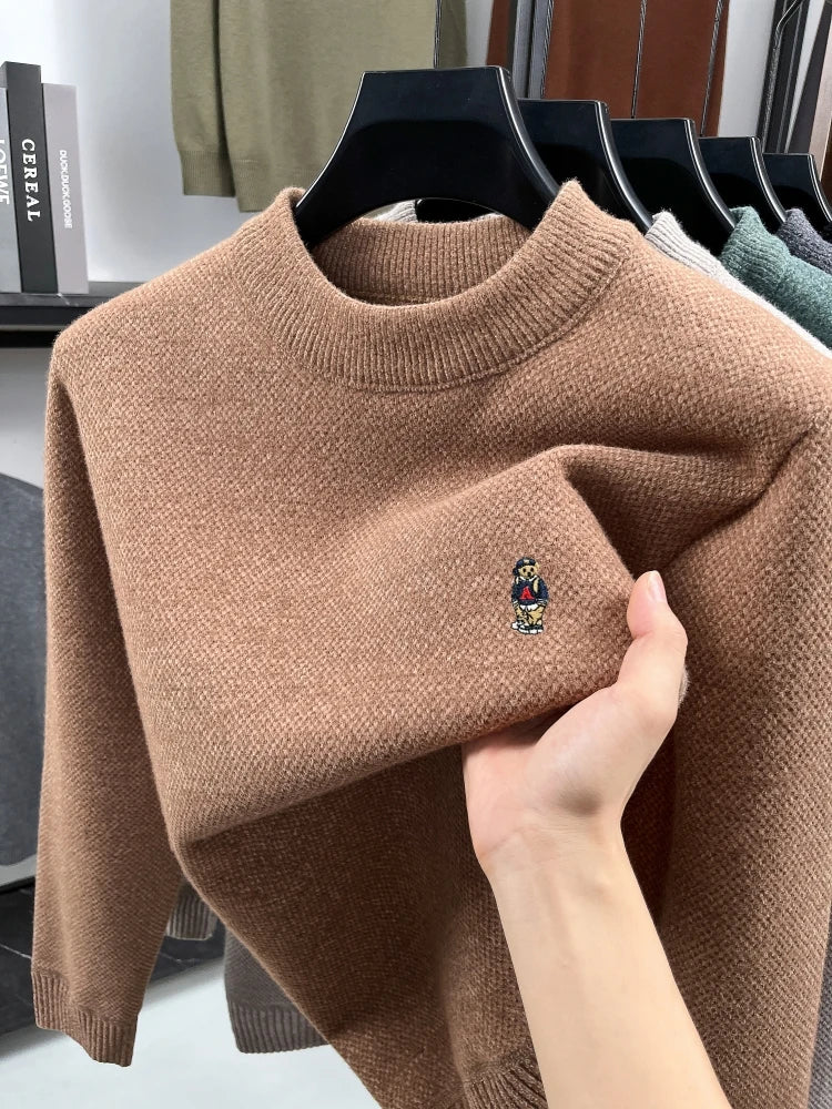 Fashion cartoon teddy bear embroidery knitted sweater high neck pullover luxury brand plush warm autumn winter casual men's wear