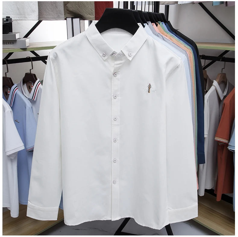 High end brand men's long sleeve shirt fashion cartoon embroidery comfort silk cotton solid color luxury golf casual lapel top