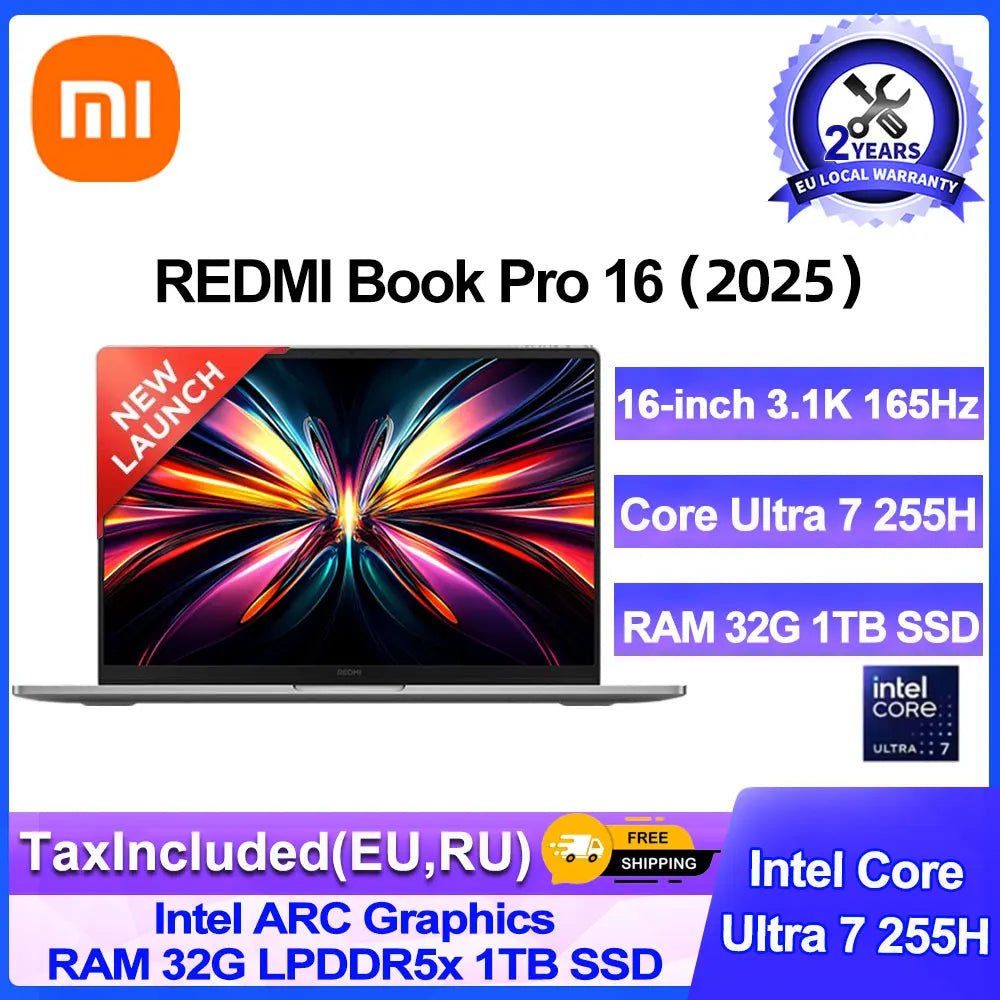 Xiaomi Laptop Redmi Book Pro 16 2025 Ultra 7 255H/Ultra 5 225H Intel Arc Graphics 32GB LPDDR5X 1T SSD 16-inch 165 Hz 3.1K Screen
