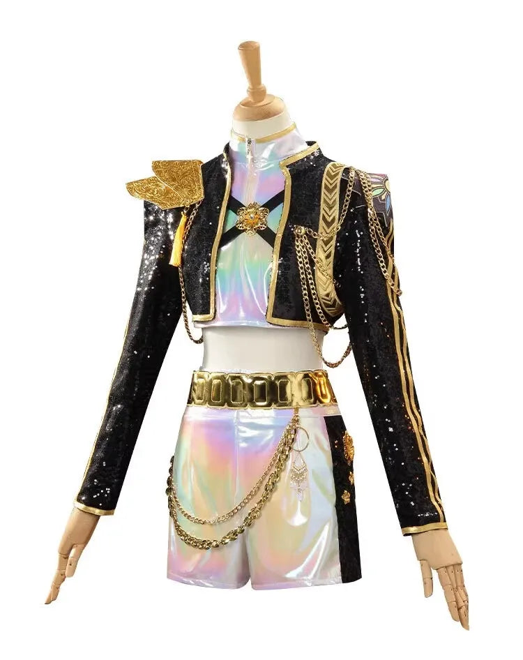 Kpop  Magic Girl Cosplay Costume Children Adults Anime Mila Performance Black Gold Costume Full Set for Halloween