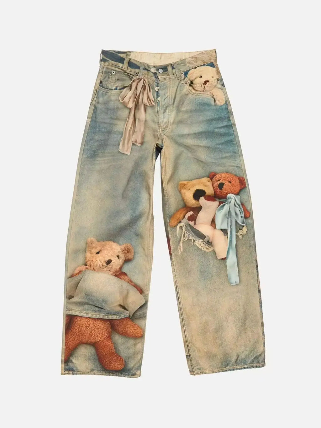 men and women retro little bear digital prints jeans baggy fit