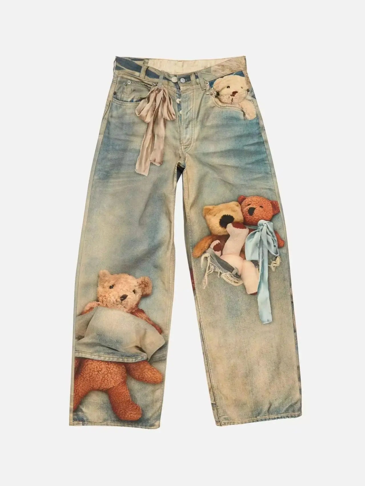 men and women retro little bear digital prints jeans baggy fit