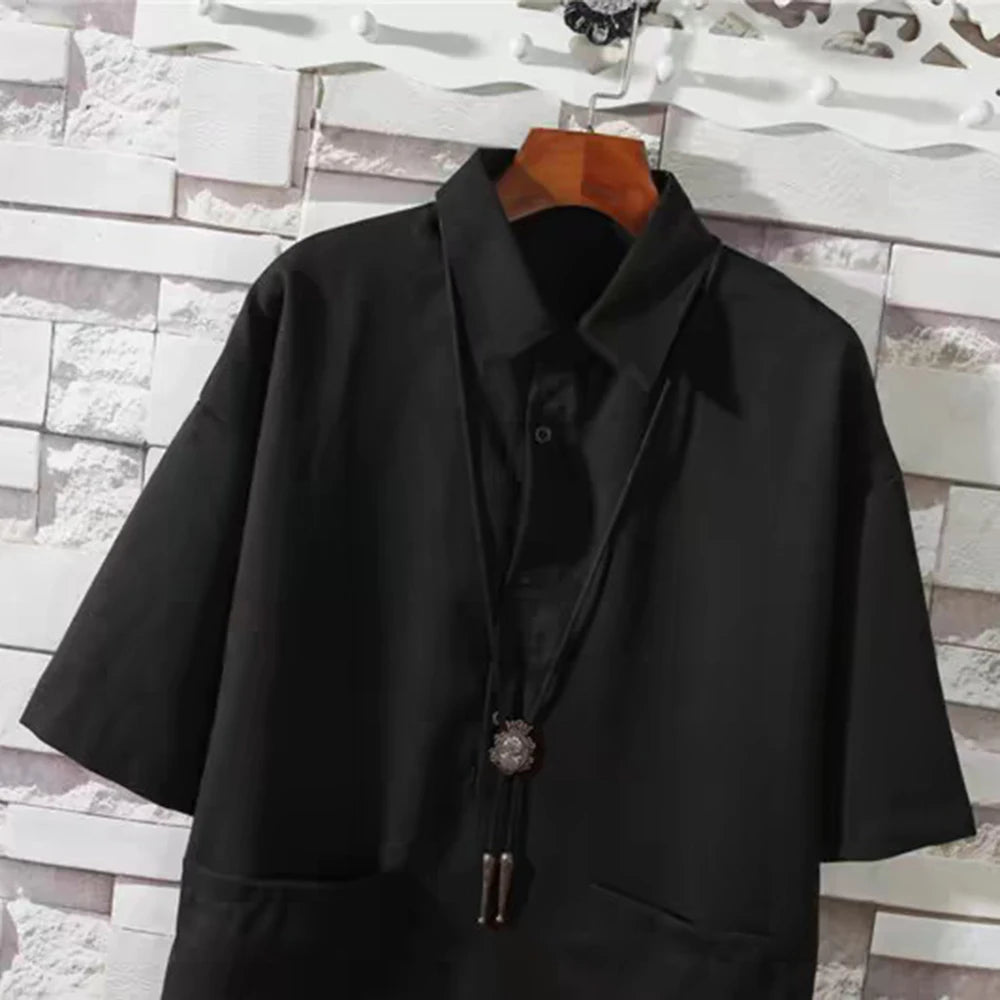 Men Dark Loose Fit Thin Mid-Length Shirt Summer Streetwear Fashion Youth Outdoor Breath Short-Sleeve Top Men'S Clothing 2026 New
