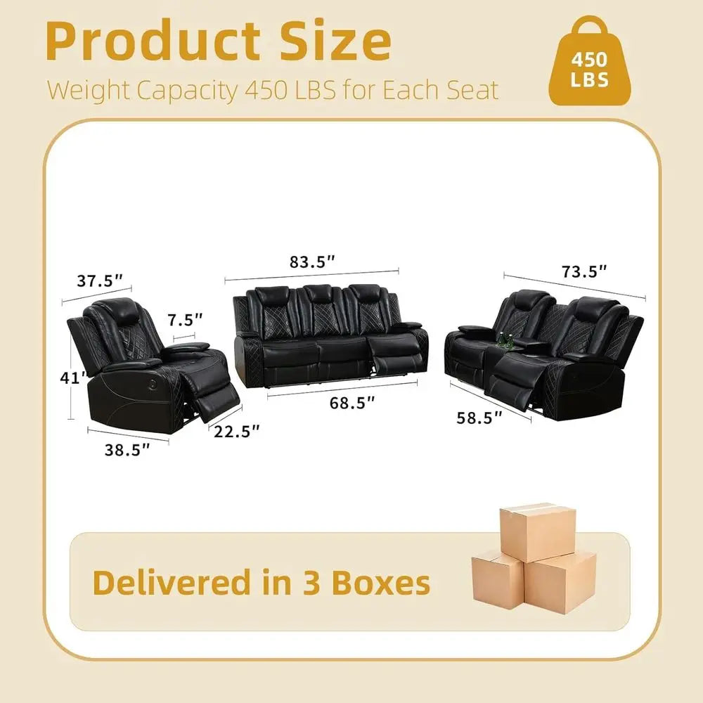 2-Piece Leather Power Reclining Sofa Set with USB Ports, LED Lighting and Storage, Ergonomic Sectional Couch, Home Theater Seati