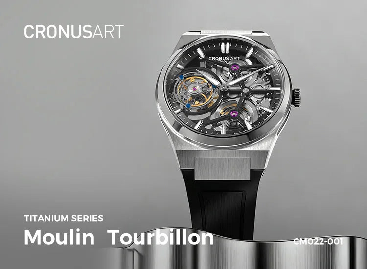 CRONUSART Men Tourbillon Watch 41mm Mechanical Wristwatch Titanium Case Sapphire Case Luminous FKM Strap Skeleton Dial