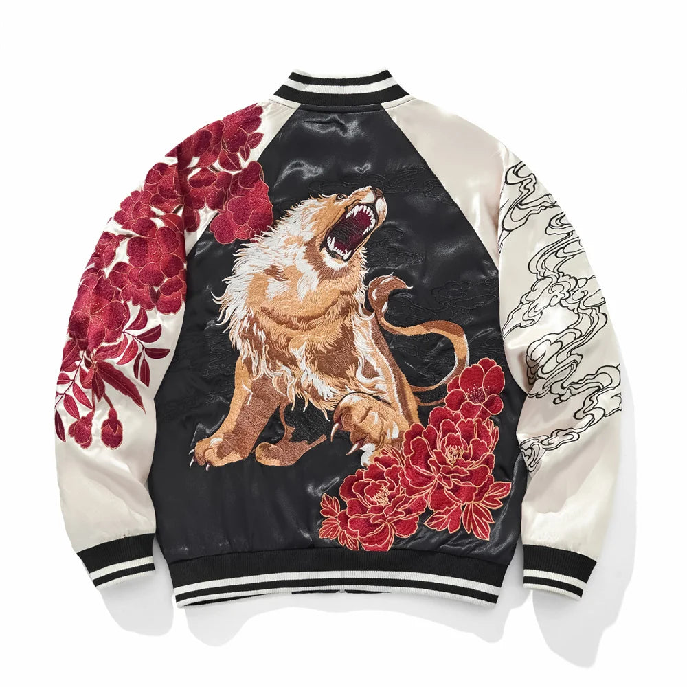 Fashion Anime Lion Flower Embroidered Zipper Jacket Streetwear Hip Hop Men's Harajuku Japanese Baseball Coat Bomber Jacket