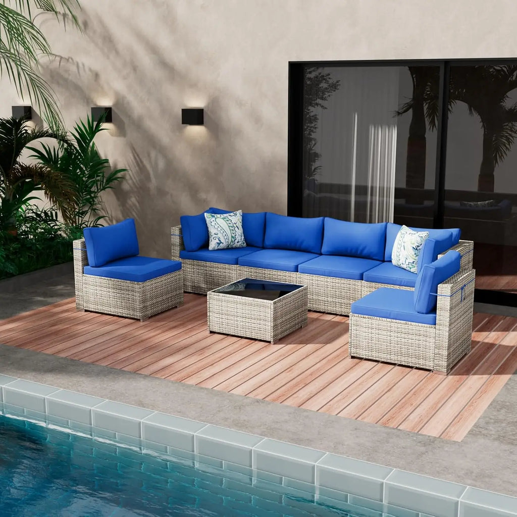 7 Piece Patio Furniture Set, Outdoor Wicker Patio Sofa Set, PE Rattan Sectional Couch with Glass Table and Blue, Customized