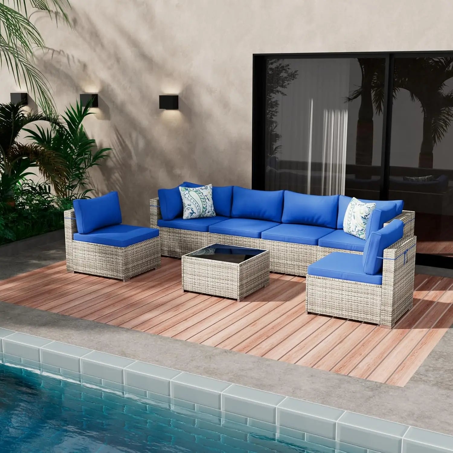 7 Piece Patio Furniture Set, Outdoor Wicker Patio Sofa Set, PE Rattan Sectional Couch with Glass Table and Blue, Customized