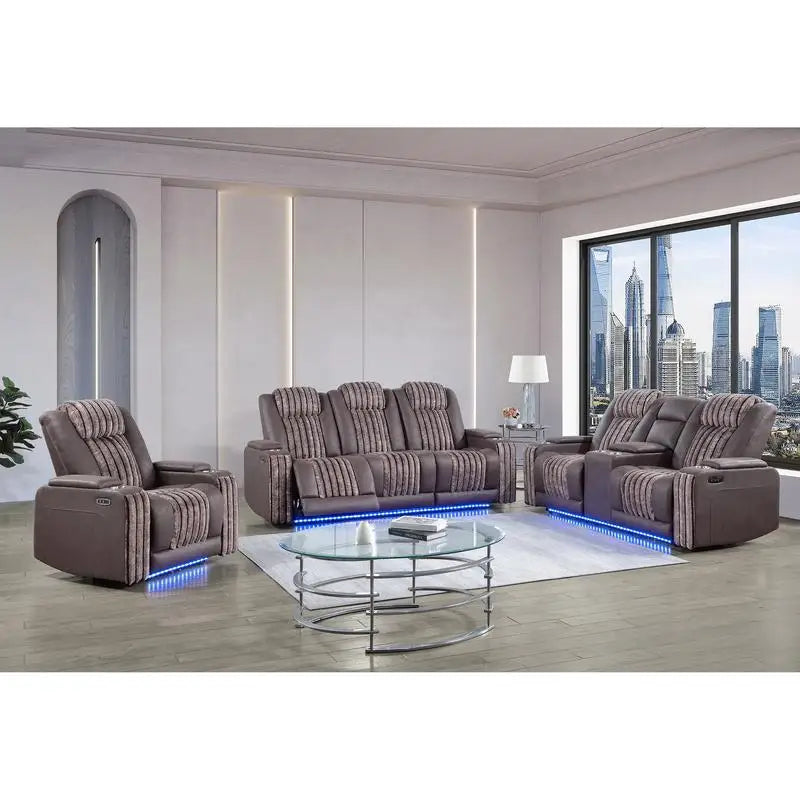 3-Piece Power Reclining Sofa Loveseat Recliner Set with Power Headrest LED Lights and More