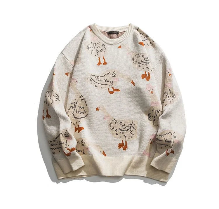 Chic Cartoon Animal Duck Goose Print Knitted Sweater Men Pullover Harajuku Casual O-Neck Oversize Streetwear Fall Winter Top