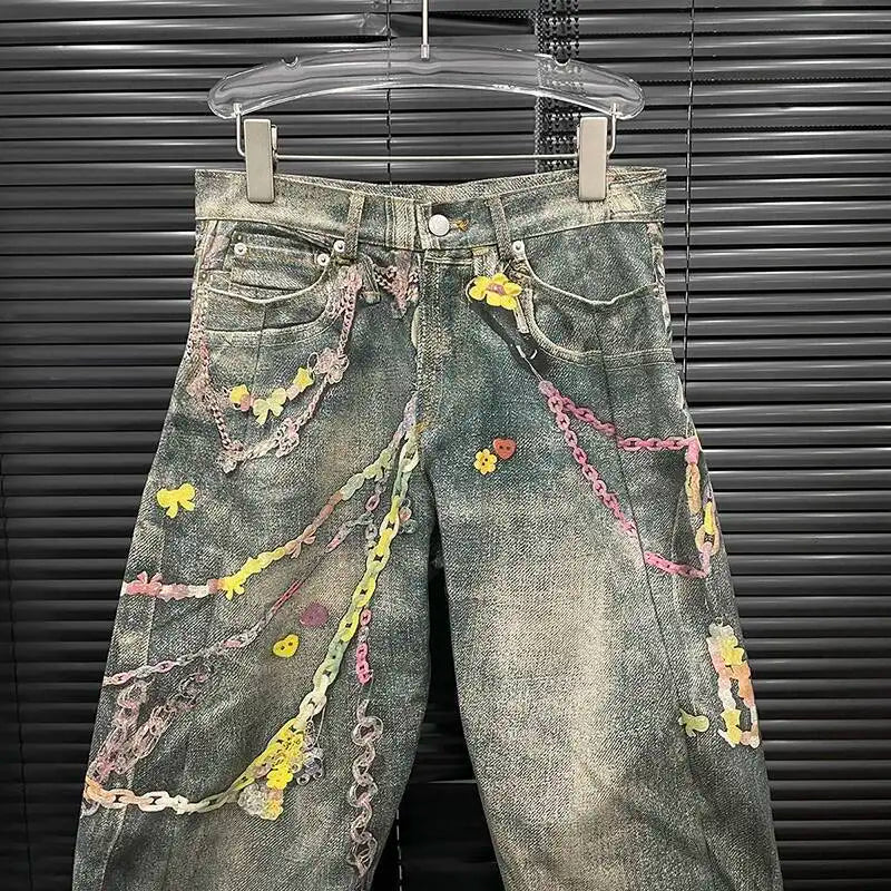 DEAT Fashion Women's 3D Chain Printed Contrast Color Jeans Niche Design High Waist Casual Denim Pants Female Trendy 11A04071