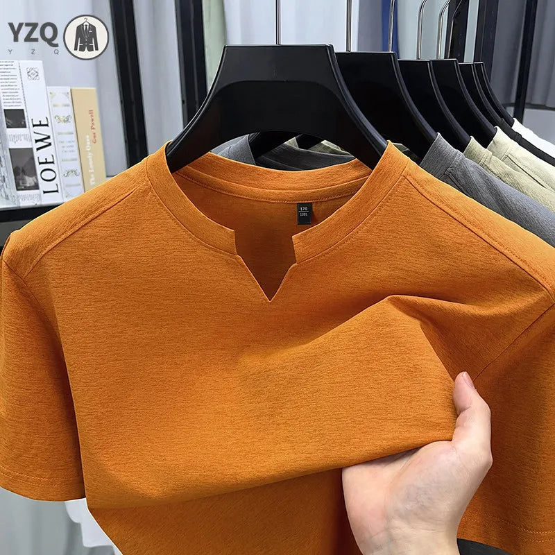 Korean Men's Short Sleeve V-Neck T-Shirt Solid Color Casual Fashion Comfortable Summer Versatile Solid Top