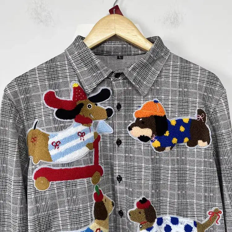 PFHQ Fashion Men's Shirt Cartoon Towel Embroidered Decoration Plaid Design Loose Personality Versatile Male Shirt Tide 21P2205
