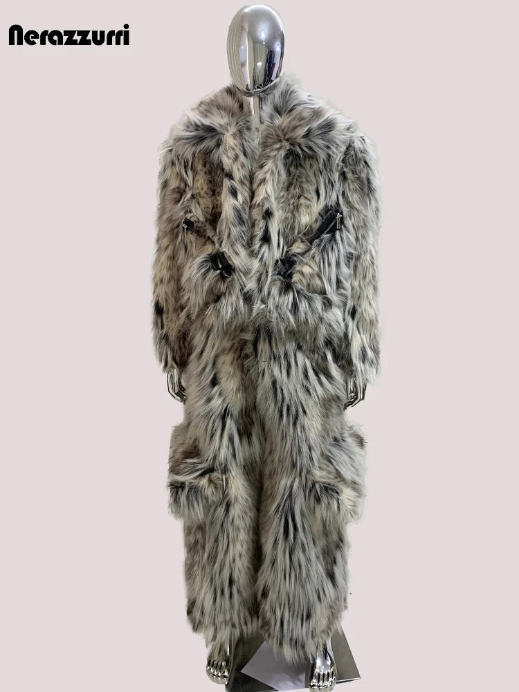 Mauroicardi Winter Long Colorful Multicolored Thick Warm Hairy Fluffy Faux Fur Wide Leg Pants Men Runway Fashion Streetwear 2025