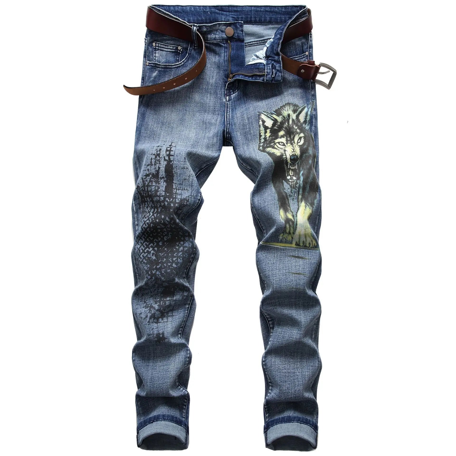 2026 Men's Blue 3D Printing Jeans, Black Wolf Pattern Printed Punk Straight Cotton Casual Print Denim Pants Asian Size 28-42
